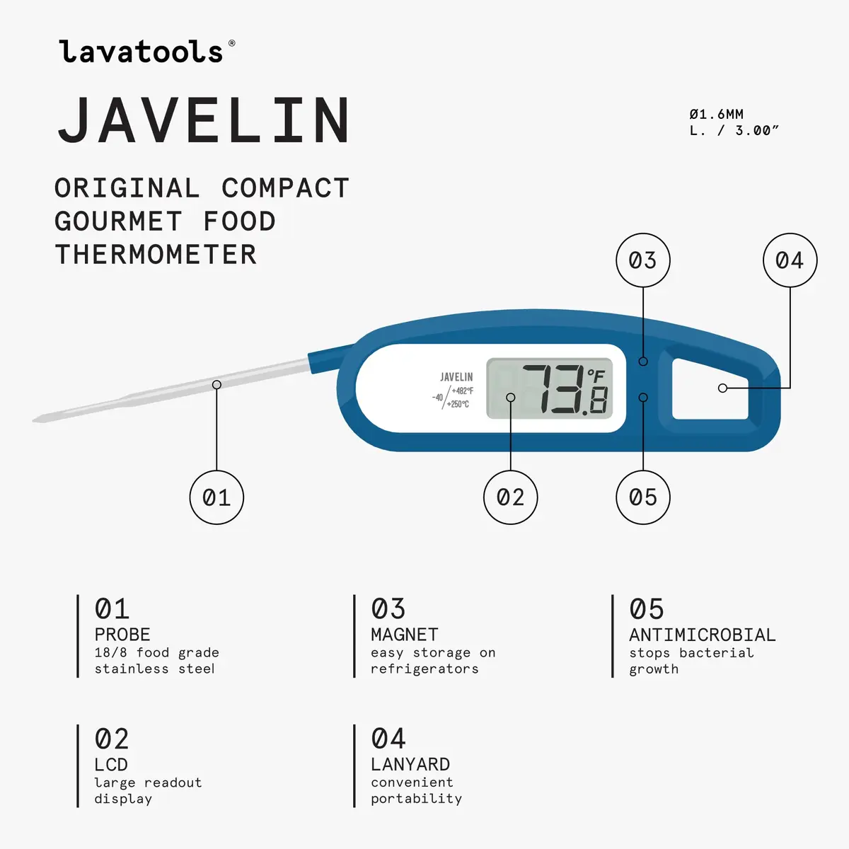 Lavatools Javelin Ultra-Fast Digital Meat Thermometer 2.75" Probe, 50g (1.76oz) | NSF Certified, IP65 Water Resistant, Ube - view 3