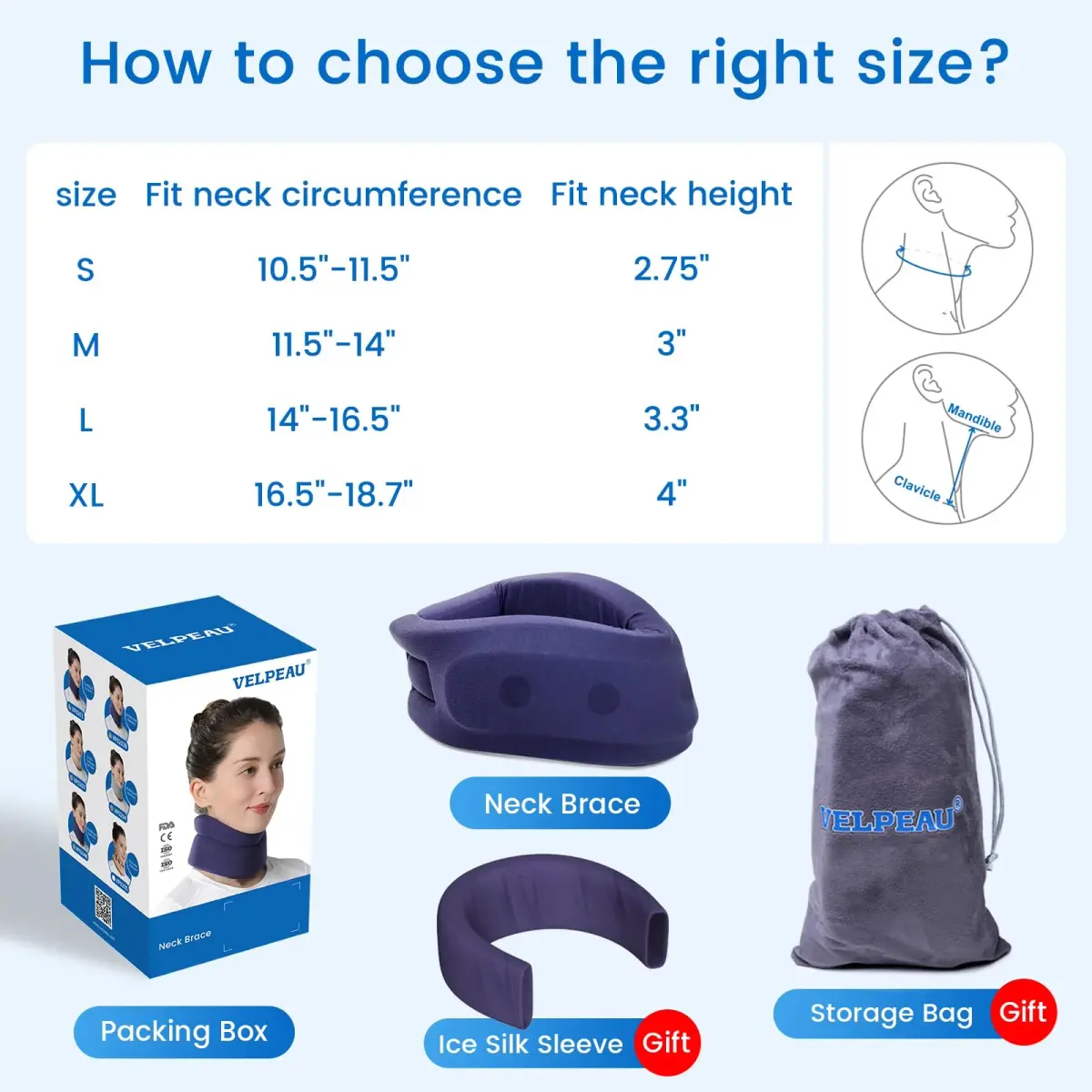Velpeau Enhanced Blue Cervical Collar Neck Brace Medium 3" (7.6cm) | Neck Pain Support for Sleeping - view 6