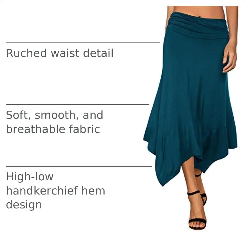 DJT Women's Flowy Midi Skirt Teal | High Low Hanky Hemline, X-Large, Summer Breathable - view 4