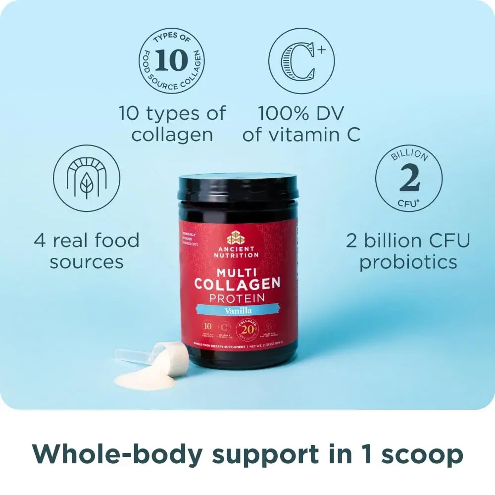 Ancient Nutrition Vanilla Multi Collagen Protein Powder with Probiotics, 24 Servings | Supports Skin, Nails, Gut Health - view 2
