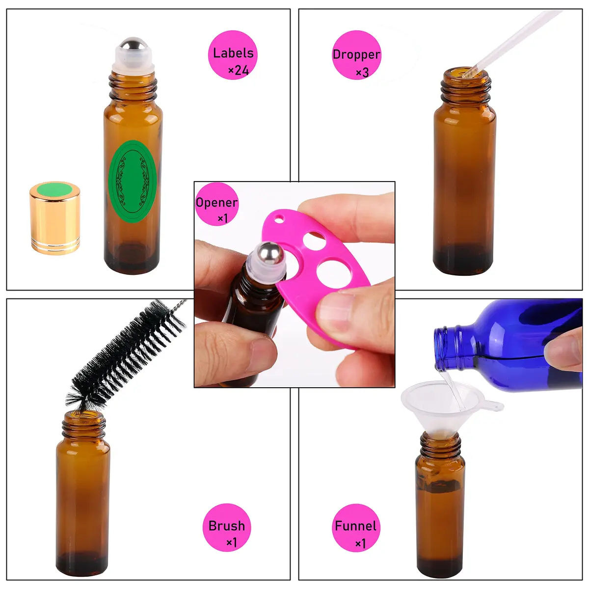 inice 24 Pack Amber Glass Roller Bottles 10ml | UV-Protected Essential Oil Containers - view 2