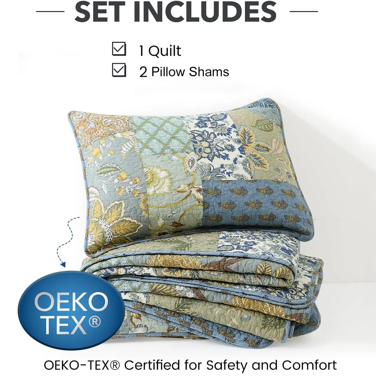 NEWLAKE Bohemian Floral Patchwork Cotton Quilt Set Queen Size 236cm x 249cm (90 x 98 Inch) | All-Season Breathable Bedspread with 2 Pillow Shams - view 6