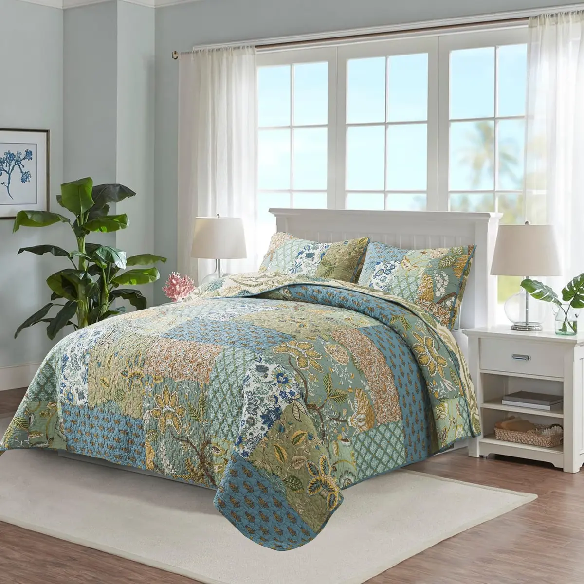 NEWLAKE Bohemian Floral Patchwork Cotton Quilt Set Queen Size 236cm x 249cm (90 x 98 Inch) | All-Season Breathable Bedspread with 2 Pillow Shams - view 8