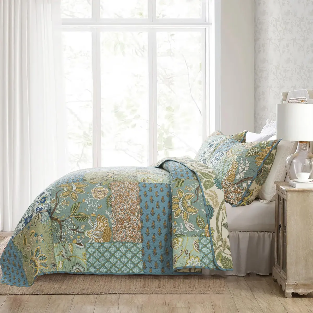 NEWLAKE Bohemian Floral Patchwork Cotton Quilt Set Queen Size 236cm x 249cm (90 x 98 Inch) | All-Season Breathable Bedspread with 2 Pillow Shams - view 9