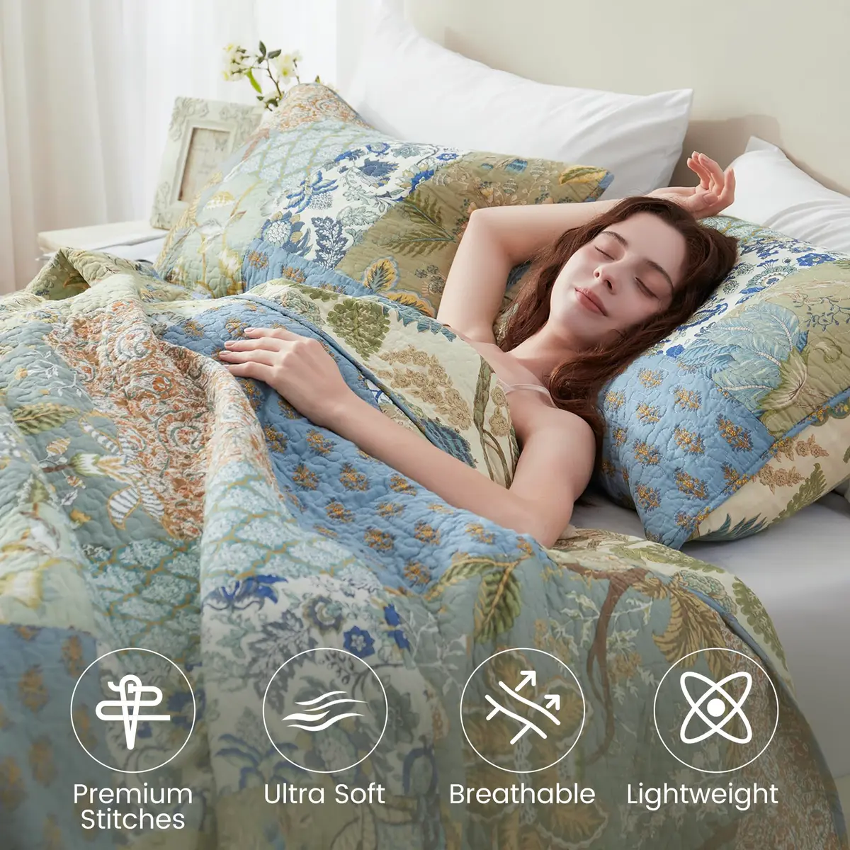 NEWLAKE Bohemian Floral Patchwork Cotton Quilt Set Queen Size 236cm x 249cm (90 x 98 Inch) | All-Season Breathable Bedspread with 2 Pillow Shams - view 2