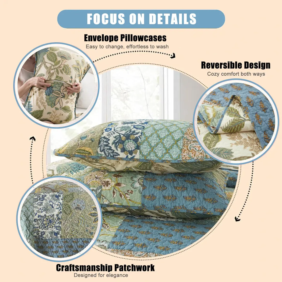 NEWLAKE Bohemian Floral Patchwork Cotton Quilt Set Queen Size 236cm x 249cm (90 x 98 Inch) | All-Season Breathable Bedspread with 2 Pillow Shams - view 4