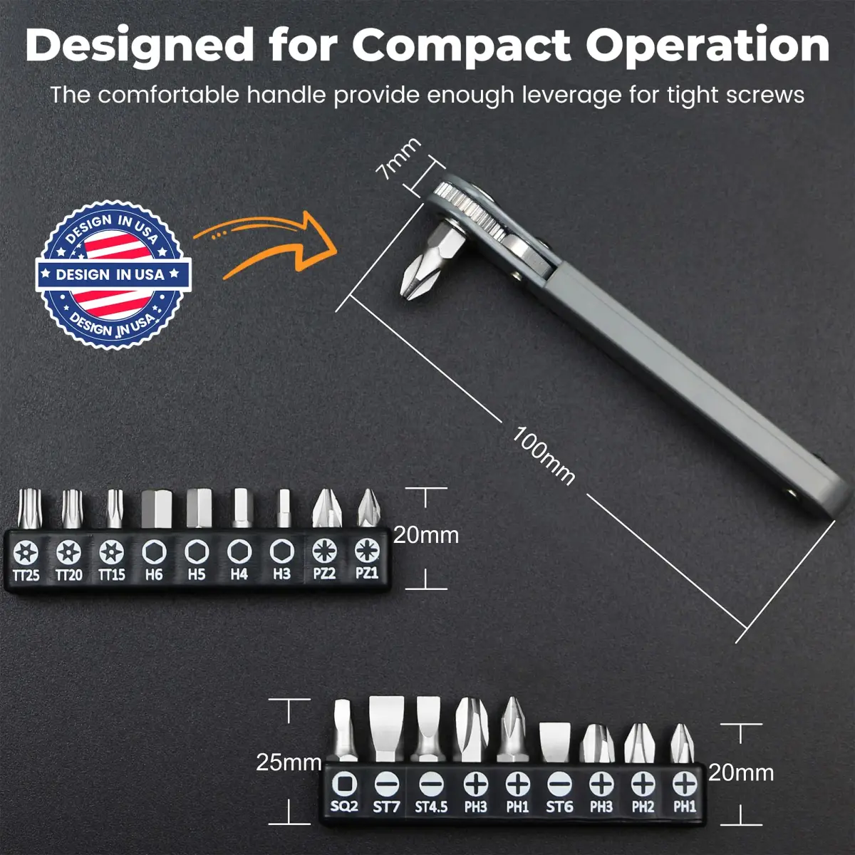 MULWARK 20pc Ultra Low Profile Mini Ratchet Screwdriver Set with 90 Degree Offset Handle | High Torque EDC Tool - view 2