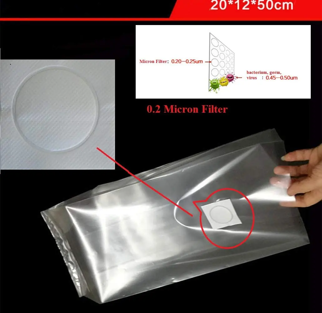 SUCOHANS Mushroom Grow Bags Large 20cmx12cmx50cm (50 Count) | Autoclavable 3 Mil Polypropylene with 0.2 Micron Filter - view 5