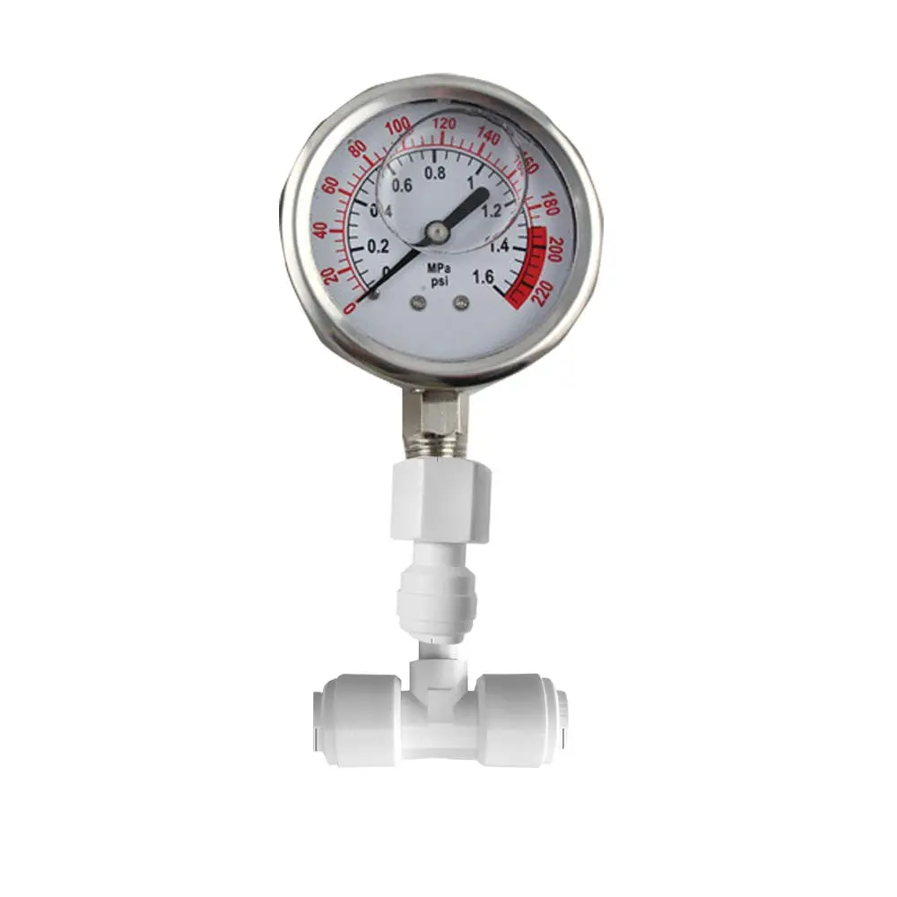PureSec Water Pressure Gauge Oil Filled Vibration Proof Stainless-Steel 2-1/2" Dial Size Dual-Scale with 1/4" NPT Bottom Mount and 1/4" RO Fittings for RO System (0-1.6kg(MPa)/0-220psi) | Oil Filled, Quiet, Long-Lasting - main product image