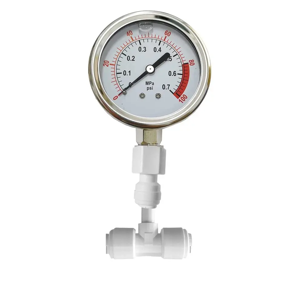 PureSec Water Pressure Gauge Oil Filled Vibration Proof Stainless-Steel 2-1/2" Dial Size Dual-Scale with 1/4" NPT Bottom Mount and 1/4" RO Fittings for RO System (0-0.7kg(MPa)/0-100psi) | Quiet, Durable, Accurate - main product image