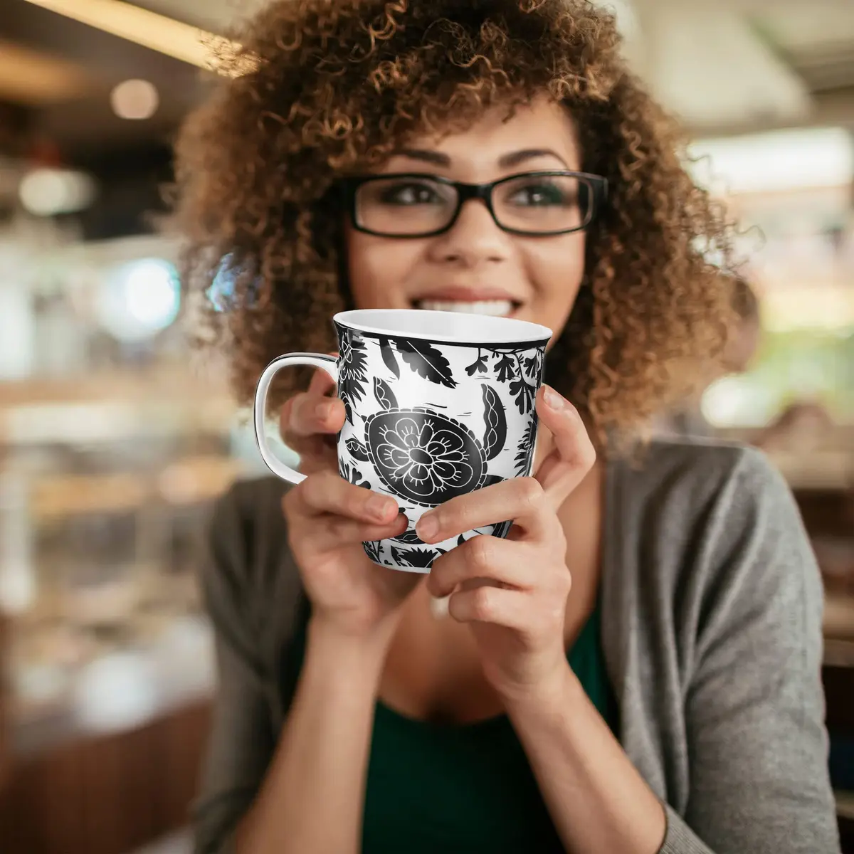 Karma Gifts 14 oz Black and White Boho Mug | Ceramic Coffee & Tea Mug, Sea Turtle Design, Reusable, Microwave & Dishwasher Safe - view 6