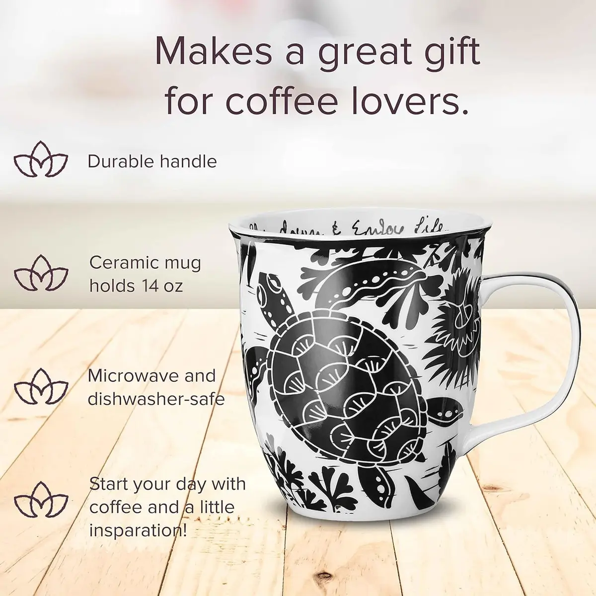 Karma Gifts 14 oz Black and White Boho Mug | Ceramic Coffee & Tea Mug, Sea Turtle Design, Reusable, Microwave & Dishwasher Safe - view 2
