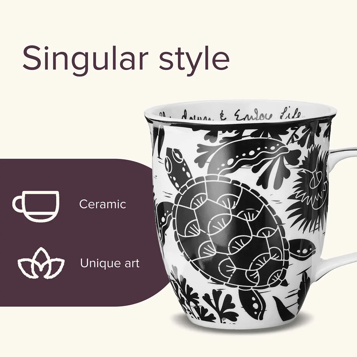 Karma Gifts 14 oz Black and White Boho Mug | Ceramic Coffee & Tea Mug, Sea Turtle Design, Reusable, Microwave & Dishwasher Safe - view 3