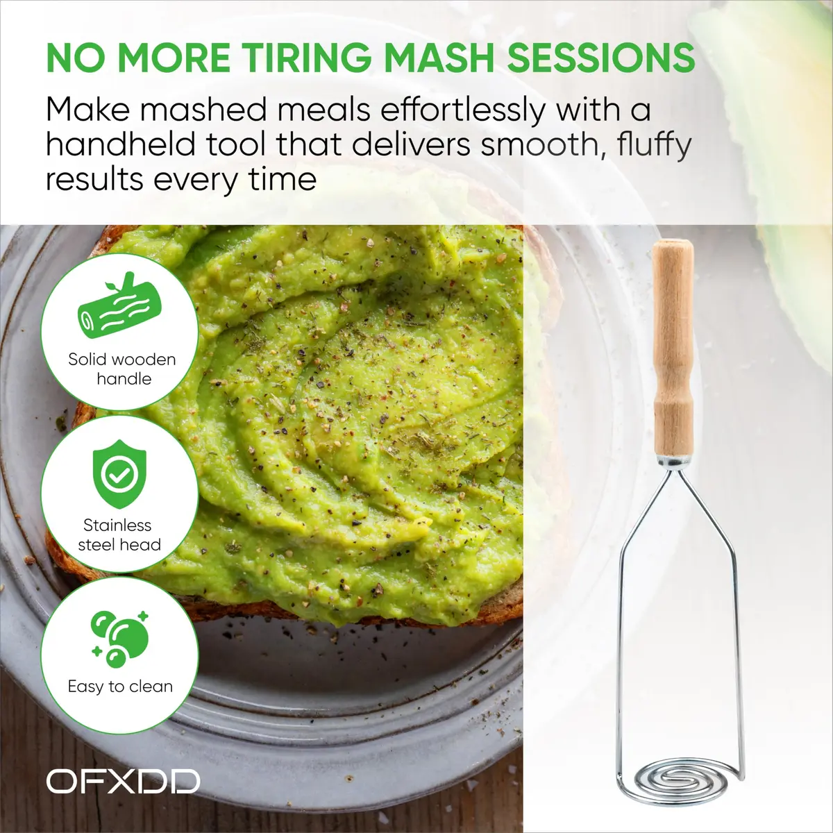 OFXDD Wooden Handle Potato Masher | Stainless Steel Spiral Form, 10.2 in (26 cm) - view 2