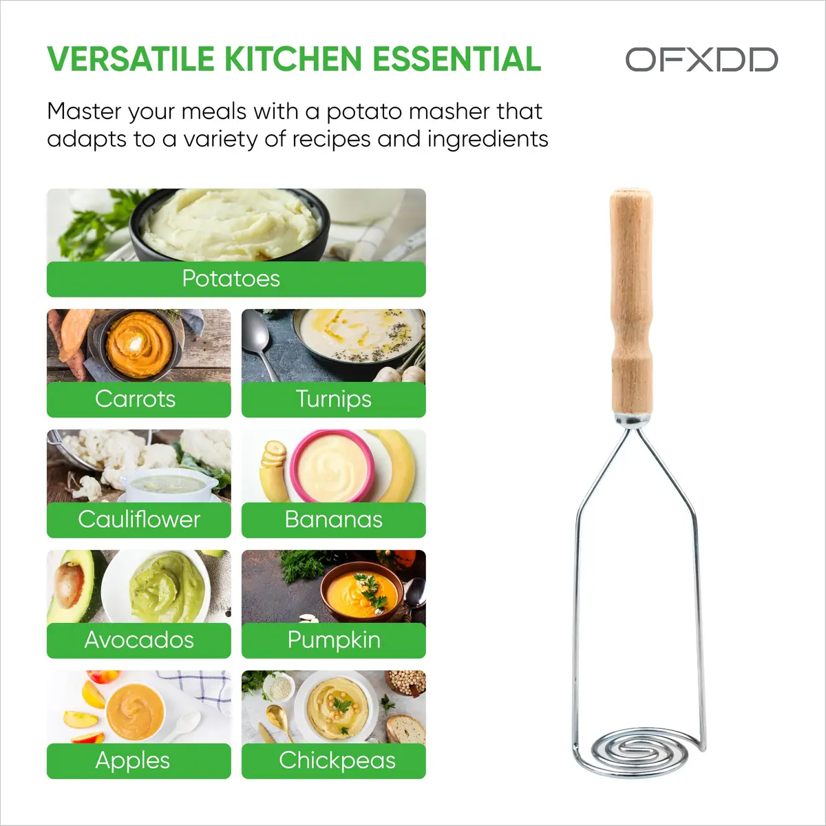 OFXDD Wooden Handle Potato Masher | Stainless Steel Spiral Form, 10.2 in (26 cm) - view 3