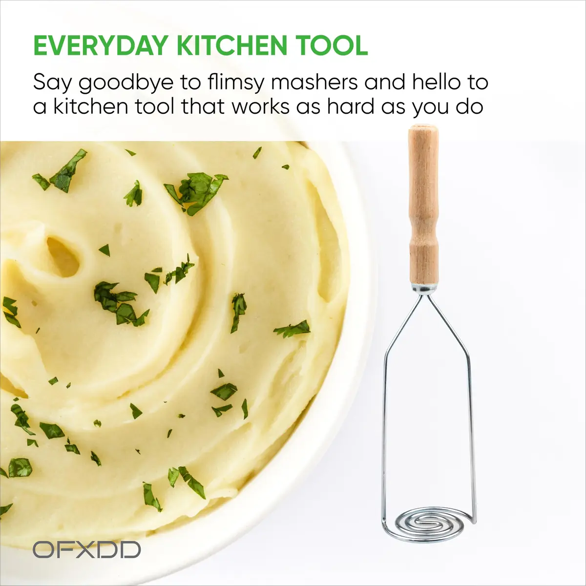 OFXDD Wooden Handle Potato Masher | Stainless Steel Spiral Form, 10.2 in (26 cm) - view 4