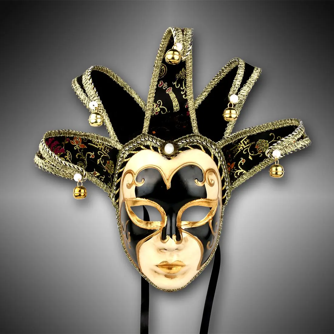 YU FENG Black Jester Mask With Bells, Venetian Masquerade Costume | Eye-Catching Carnival Mask (70-120 chars) - view 2