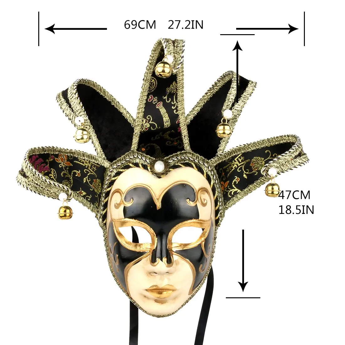 YU FENG Black Jester Mask With Bells, Venetian Masquerade Costume | Eye-Catching Carnival Mask (70-120 chars) - view 3