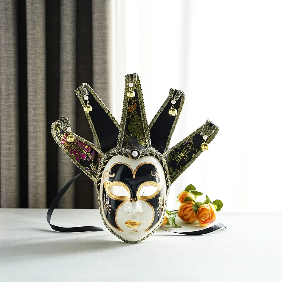 YU FENG Black Jester Mask With Bells, Venetian Masquerade Costume | Eye-Catching Carnival Mask (70-120 chars) - view 4