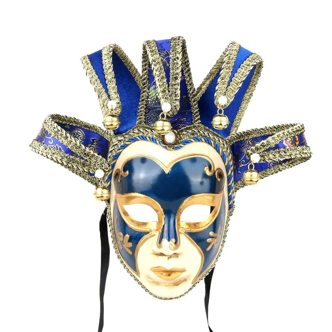 YU FENG Blue Jester Mask Venetian Masquerade Mask with Bells & Pearls, One Size - main product image