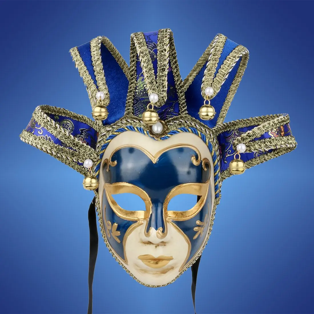 YU FENG Blue Jester Mask Venetian Masquerade Mask with Bells & Pearls, One Size - view 5