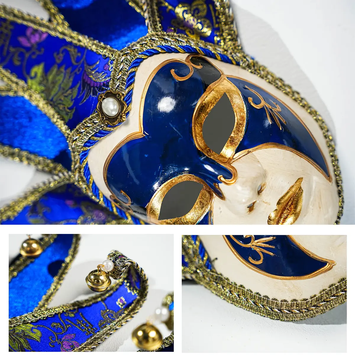 YU FENG Blue Jester Mask Venetian Masquerade Mask with Bells & Pearls, One Size - view 6
