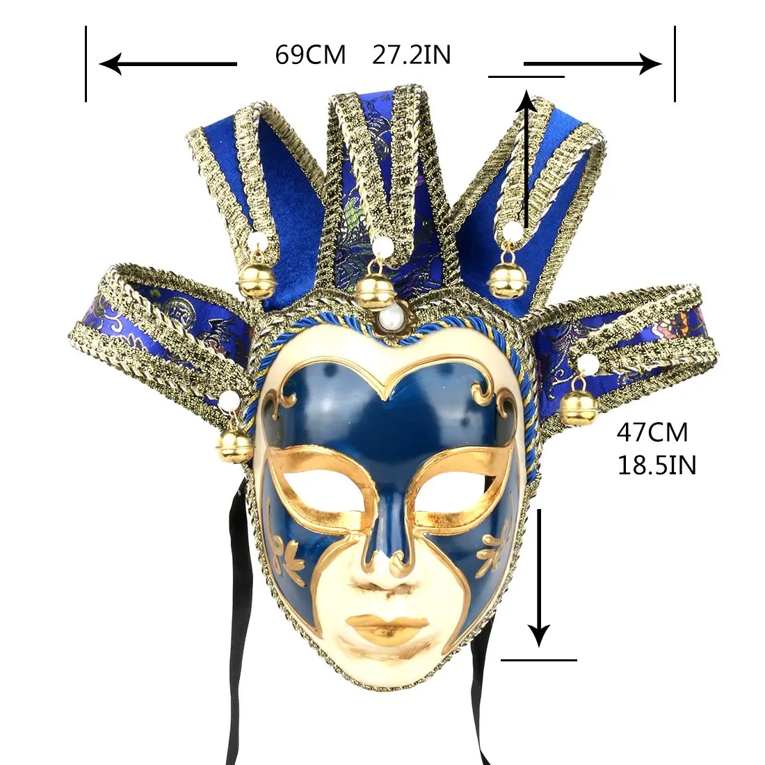 YU FENG Blue Jester Mask Venetian Masquerade Mask with Bells & Pearls, One Size - view 2