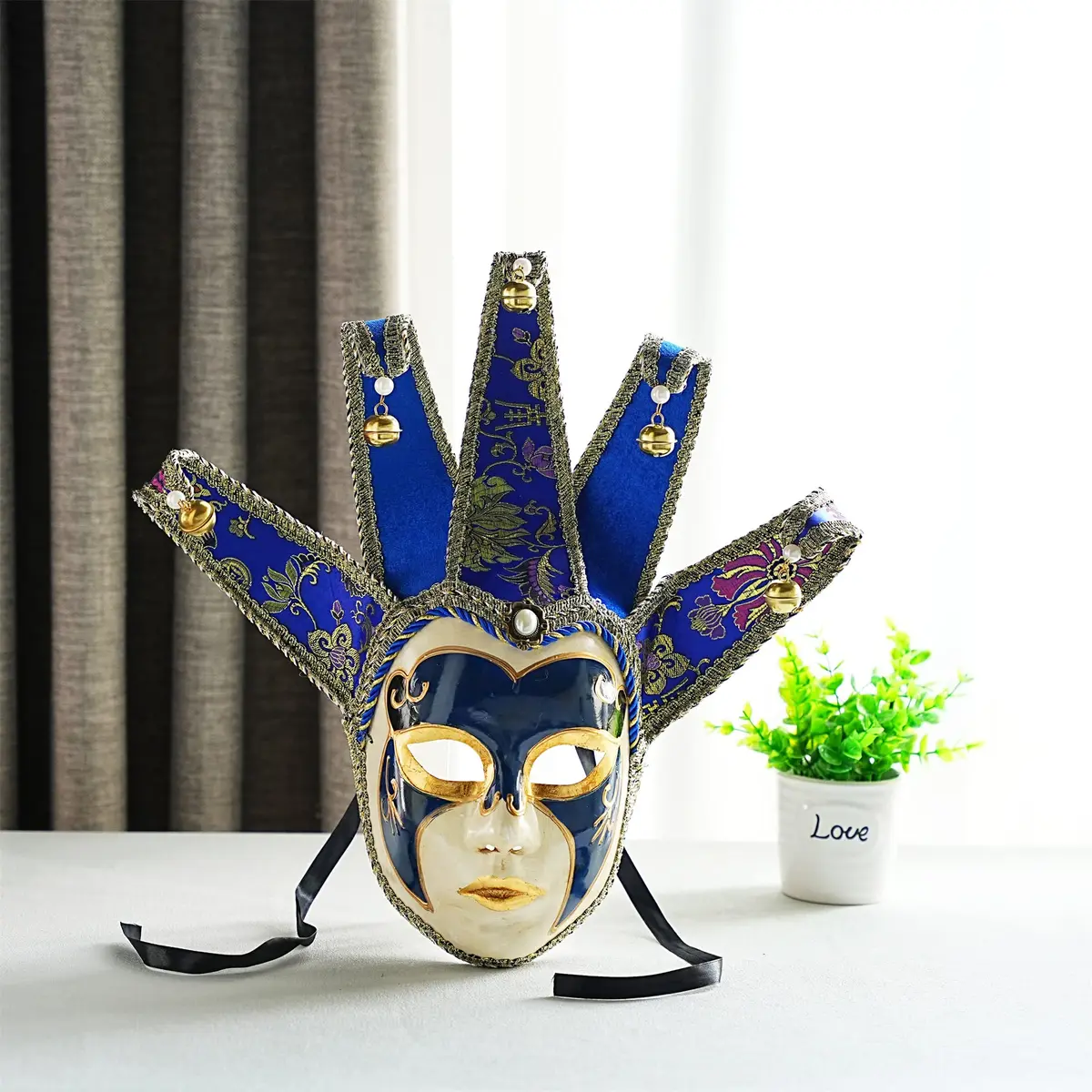 YU FENG Blue Jester Mask Venetian Masquerade Mask with Bells & Pearls, One Size - view 3