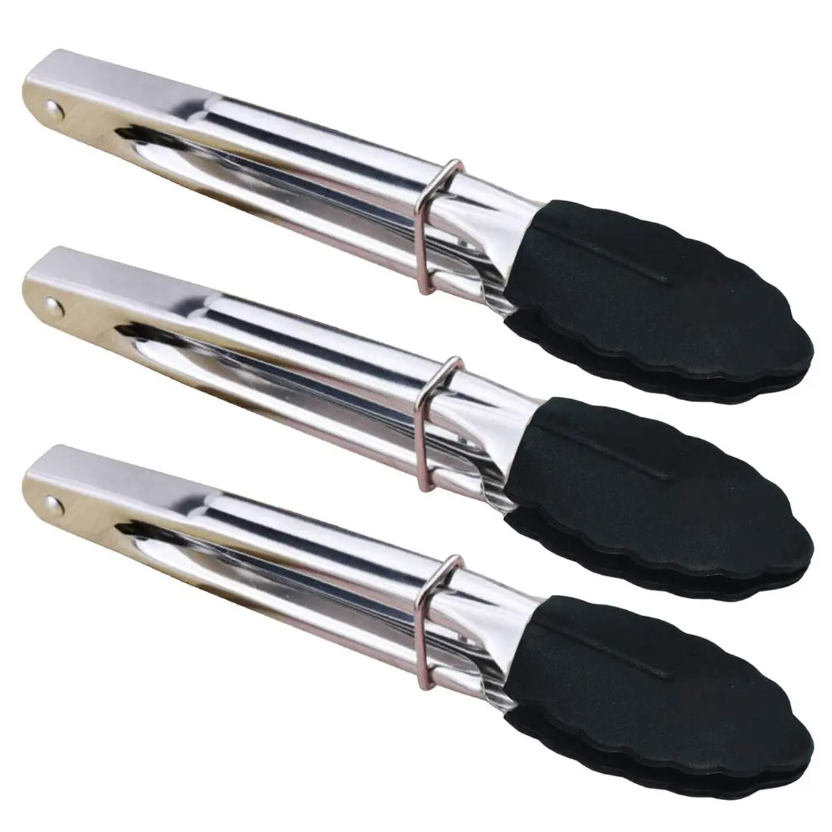 HINMAY Mini Tongs with Silicone Tips 7-Inch Kitchen Tongs, Set of 3 (Black) | Durable, Food Grade Stainless Steel & Silicone - main product image