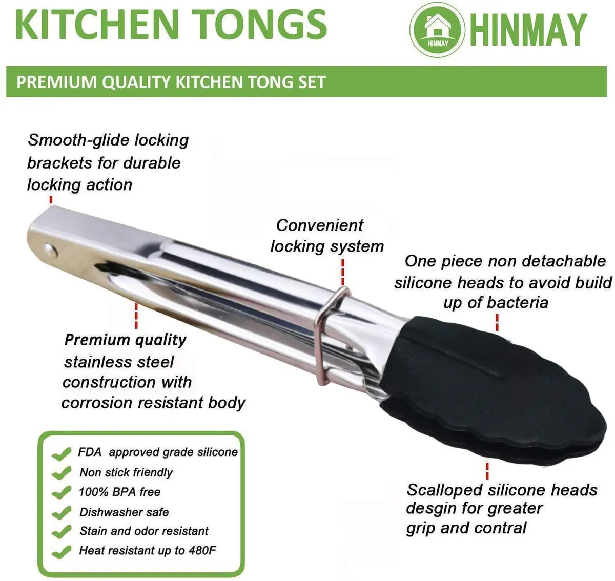 HINMAY Mini Tongs with Silicone Tips 7-Inch Kitchen Tongs, Set of 3 (Black) | Durable, Food Grade Stainless Steel & Silicone - view 2