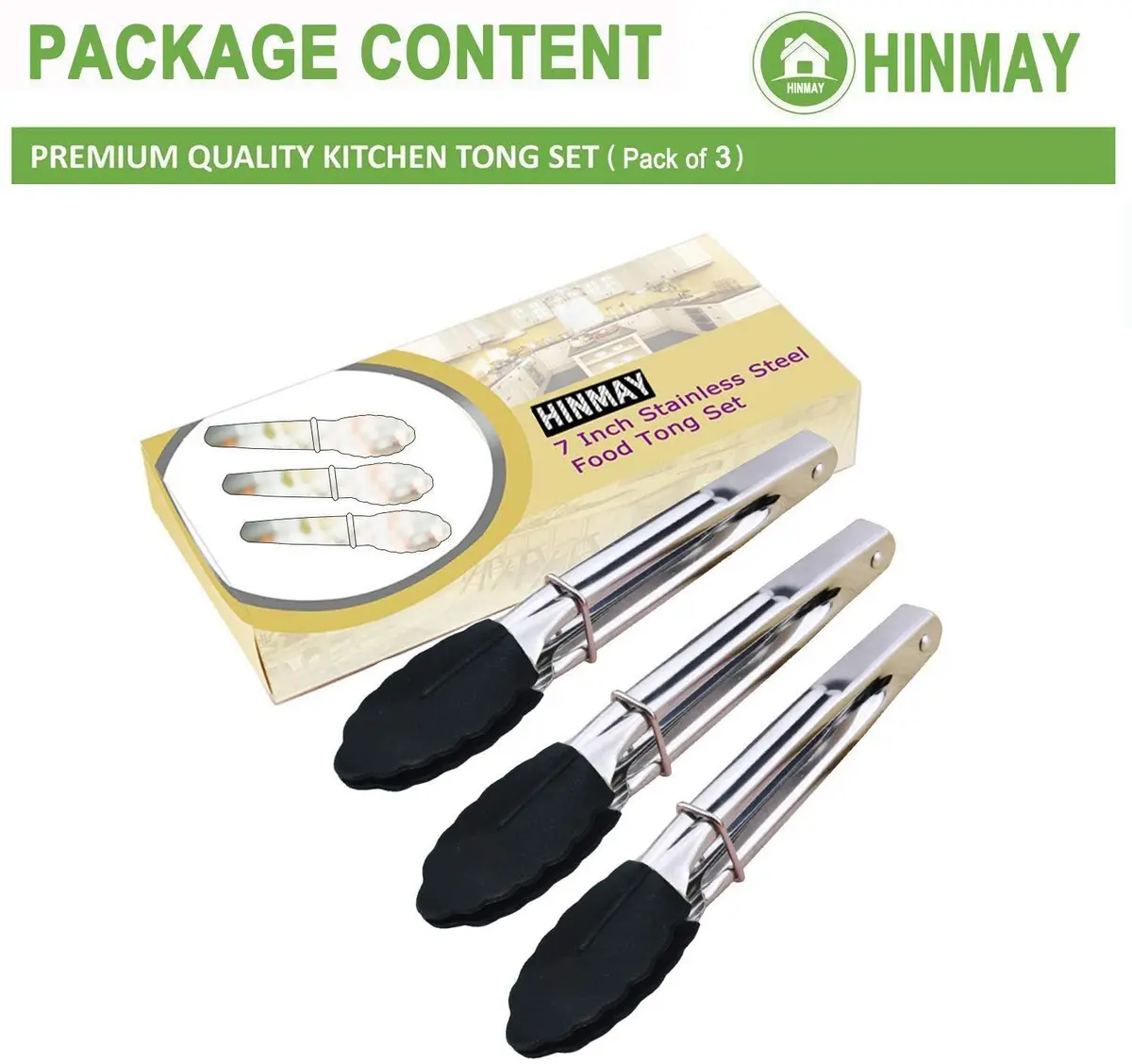 HINMAY Mini Tongs with Silicone Tips 7-Inch Kitchen Tongs, Set of 3 (Black) | Durable, Food Grade Stainless Steel & Silicone - view 3