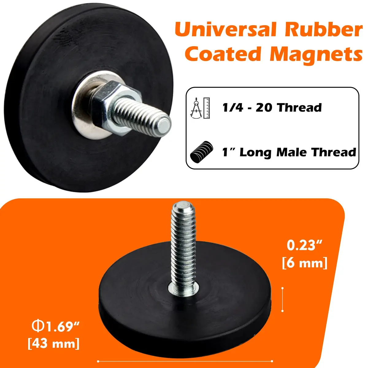 MUTUACTOR Rubber Coated Neodymium Magnet 43mm (1.69") Diameter, 24 lbs Pull Force, 1/4-20" Male Thread Stud (4-Pack) - view 5