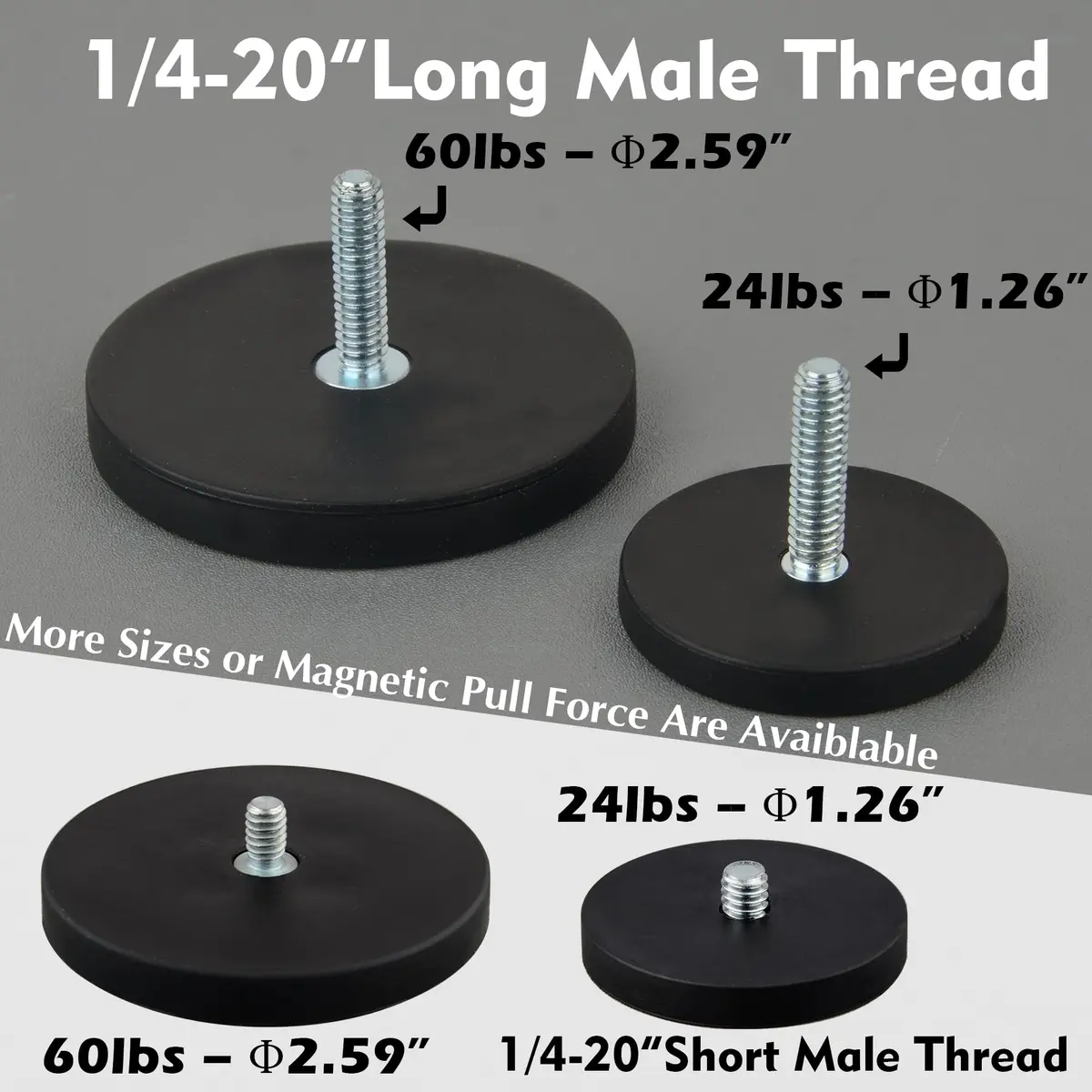 MUTUACTOR Rubber Coated Neodymium Magnet 43mm (1.69") Diameter, 24 lbs Pull Force, 1/4-20" Male Thread Stud (4-Pack) - view 7