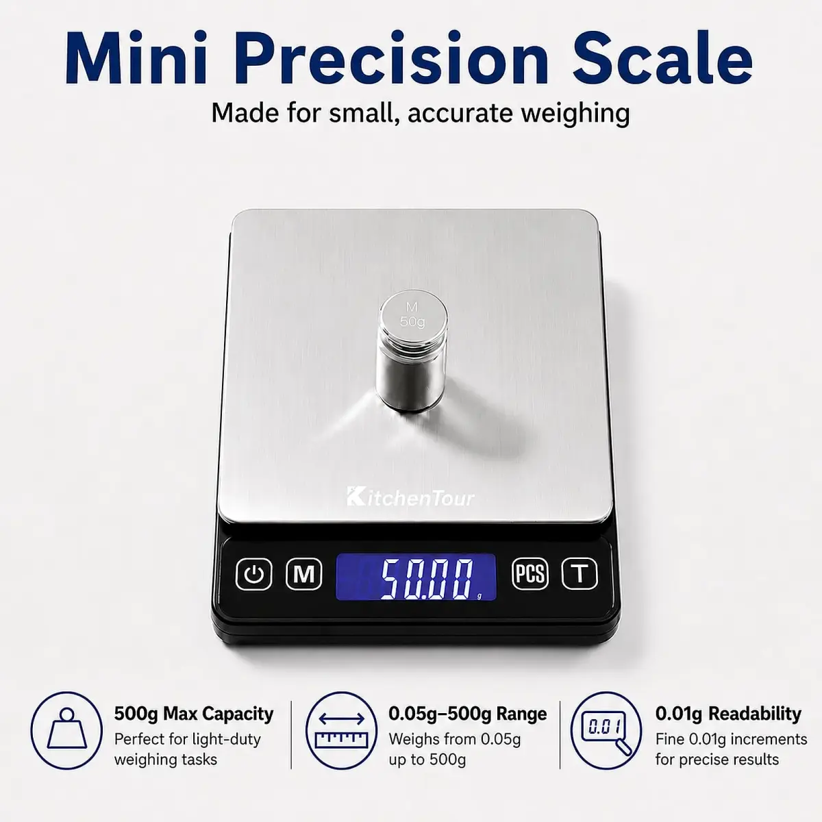 K KitchenTour Black 500g x 0.01g Precision Digital Scale | Accurate Weighing for Coffee, Jewelry, and Ingredients - view 2