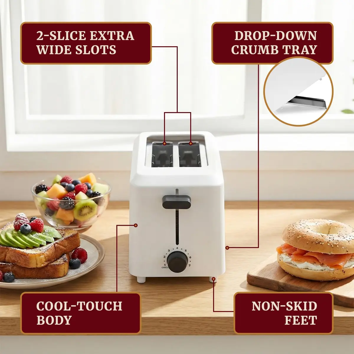 Elite Gourmet Cool-Touch 2-Slice Toaster with 1.5" Extra-Wide Slots & 7 Toast Settings | White - view 5