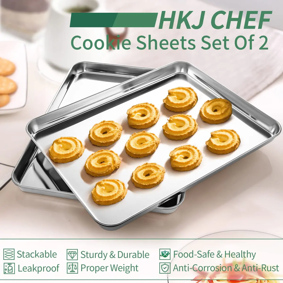 HKJ Chef Stainless Steel Baking Sheets Set of 2 | 16 x 12 inch Non-Toxic & Easy to Clean - view 5