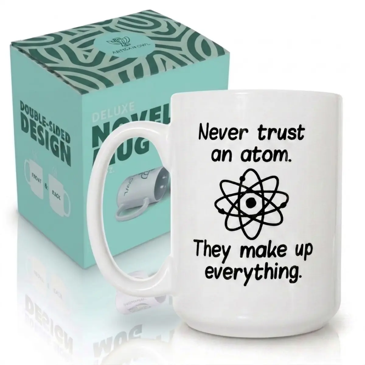 Artisan Owl "Never Trust an Atom, They Make Up Everything" 15oz Ceramic Coffee Cup | Funny Science Joke Mug for Scientists, Teachers, Nerds & Geeks - main product image