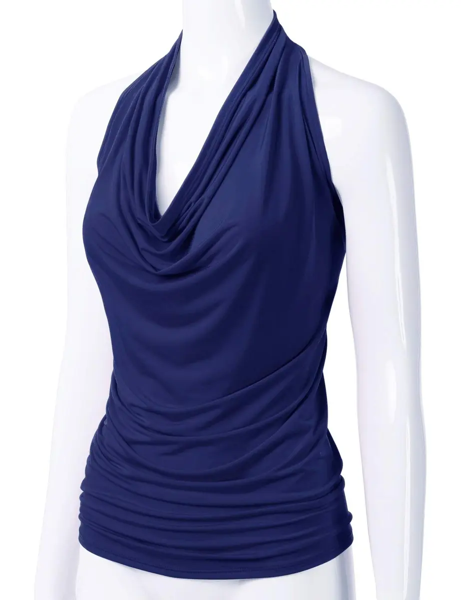 EIMIN Women's Casual Halter Neck Draped Front Sexy Open Back Tank Top Navy 3XL | Stylish, Breathable & Versatile - view 2