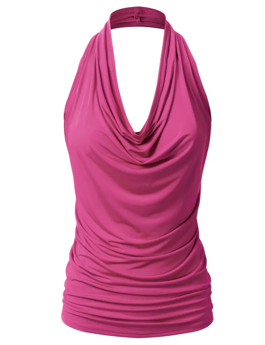 EIMIN Women's Casual Halter Neck Draped Front Sexy Open Back Tank Top | Fuchsia L - main product image