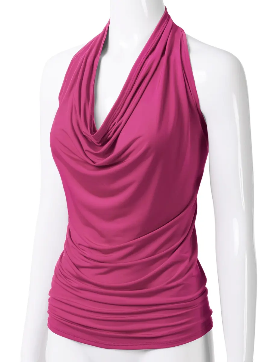 EIMIN Women's Casual Halter Neck Draped Front Sexy Open Back Tank Top | Fuchsia L - view 2
