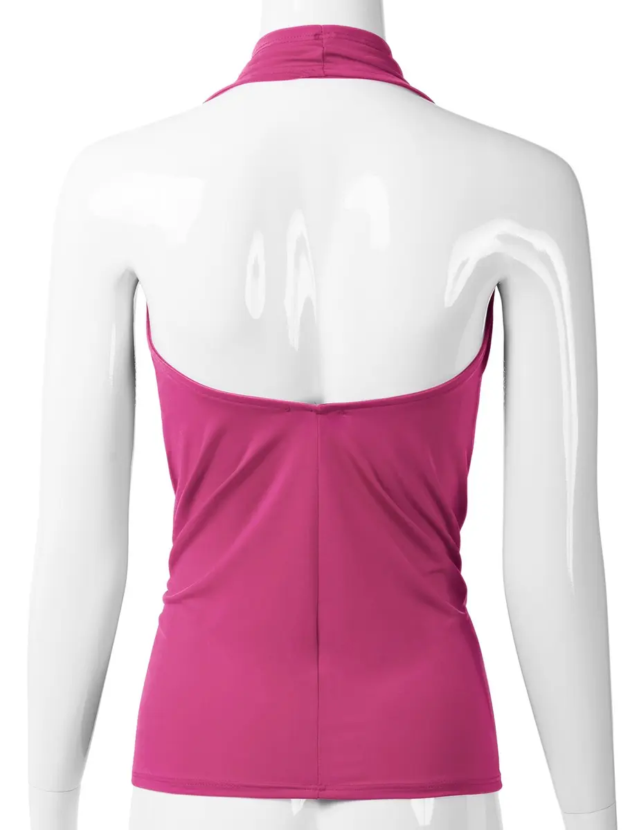 EIMIN Women's Casual Halter Neck Draped Front Sexy Open Back Tank Top | Fuchsia L - view 3