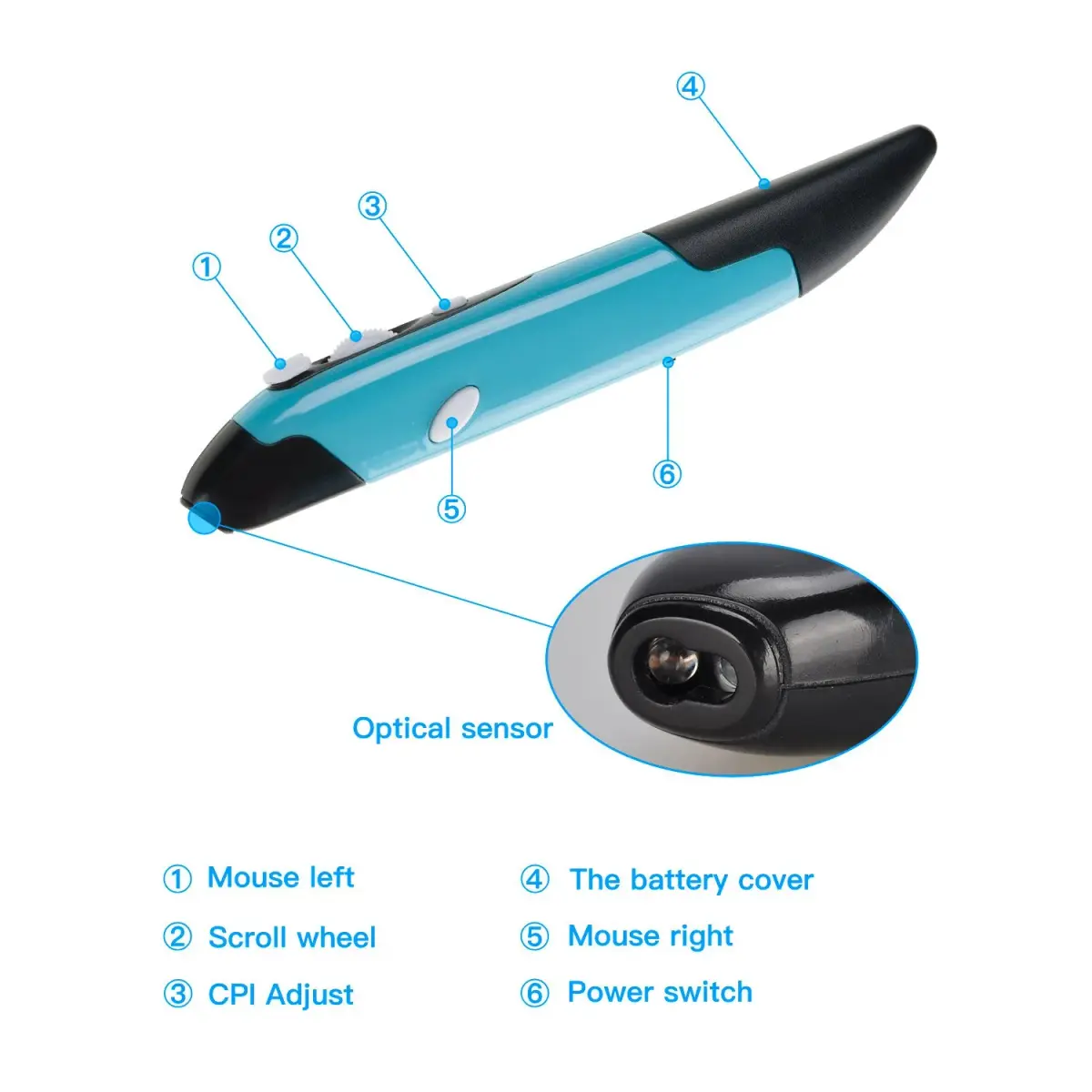 lychee Wireless Optical Pocket Pen Mouse Blue | 800/1200/1600 DPI Adjustable Handwriting Mini Mice - view 3