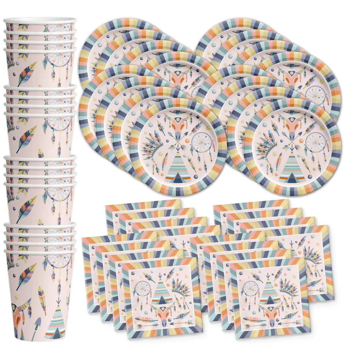 Birthday Galore Tribal Boho Party Supplies Set for 16 | Durable & Vibrant Design - main product image
