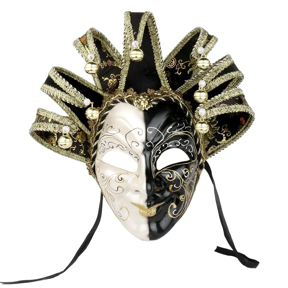 YU FENG Jester Mask Venetian Masquerade Mask, Black White Bell Costume | Full Face Carnival Mask, Hand Painted, 28.15x18.5in - main product image
