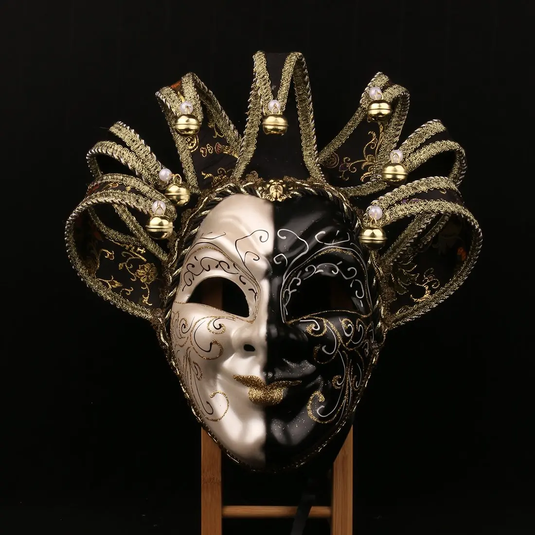 YU FENG Jester Mask Venetian Masquerade Mask, Black White Bell Costume | Full Face Carnival Mask, Hand Painted, 28.15x18.5in - view 5