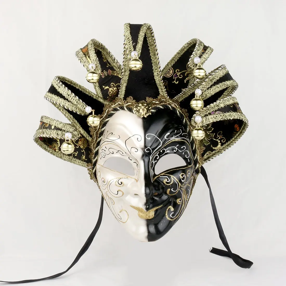 YU FENG Jester Mask Venetian Masquerade Mask, Black White Bell Costume | Full Face Carnival Mask, Hand Painted, 28.15x18.5in - view 6