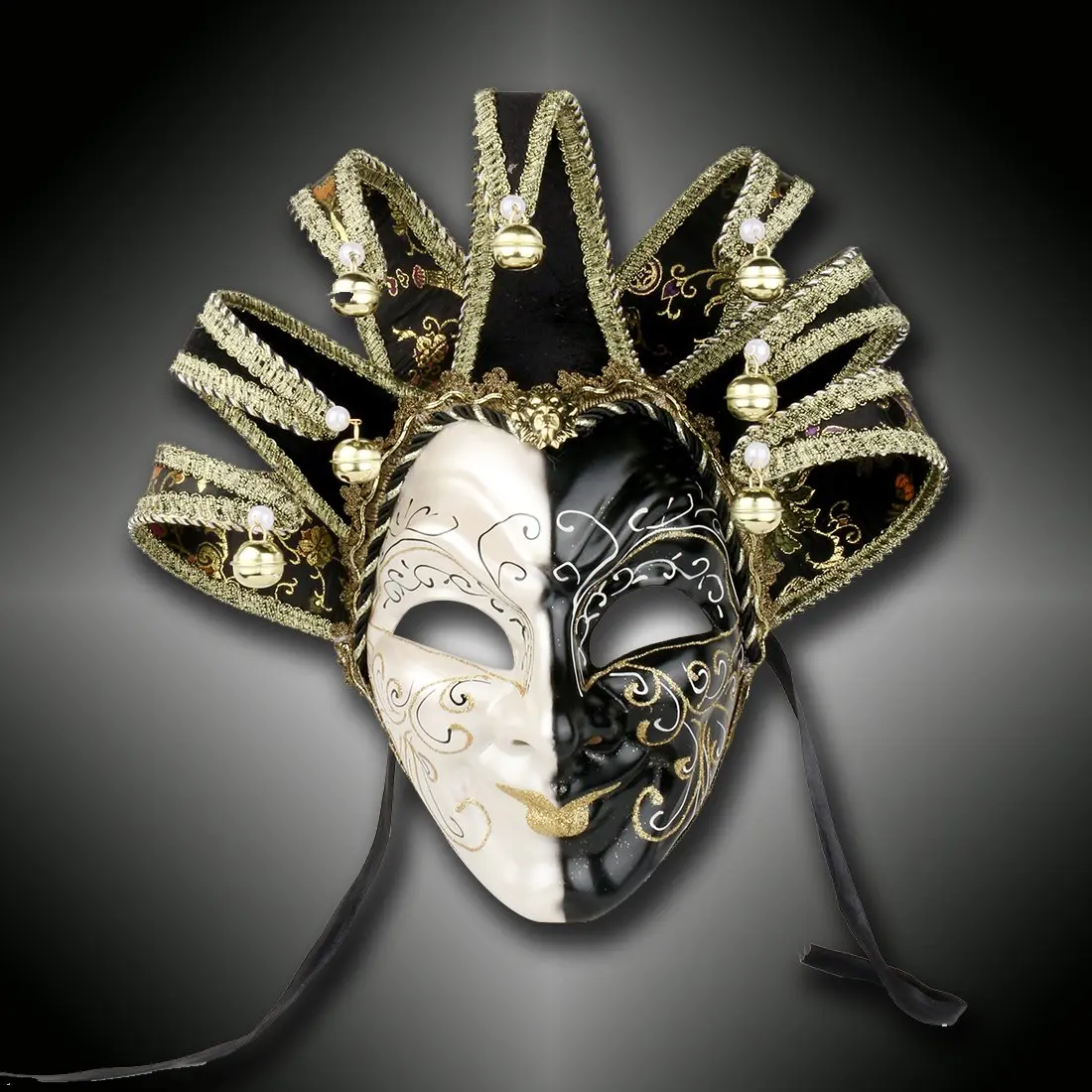 YU FENG Jester Mask Venetian Masquerade Mask, Black White Bell Costume | Full Face Carnival Mask, Hand Painted, 28.15x18.5in - view 2