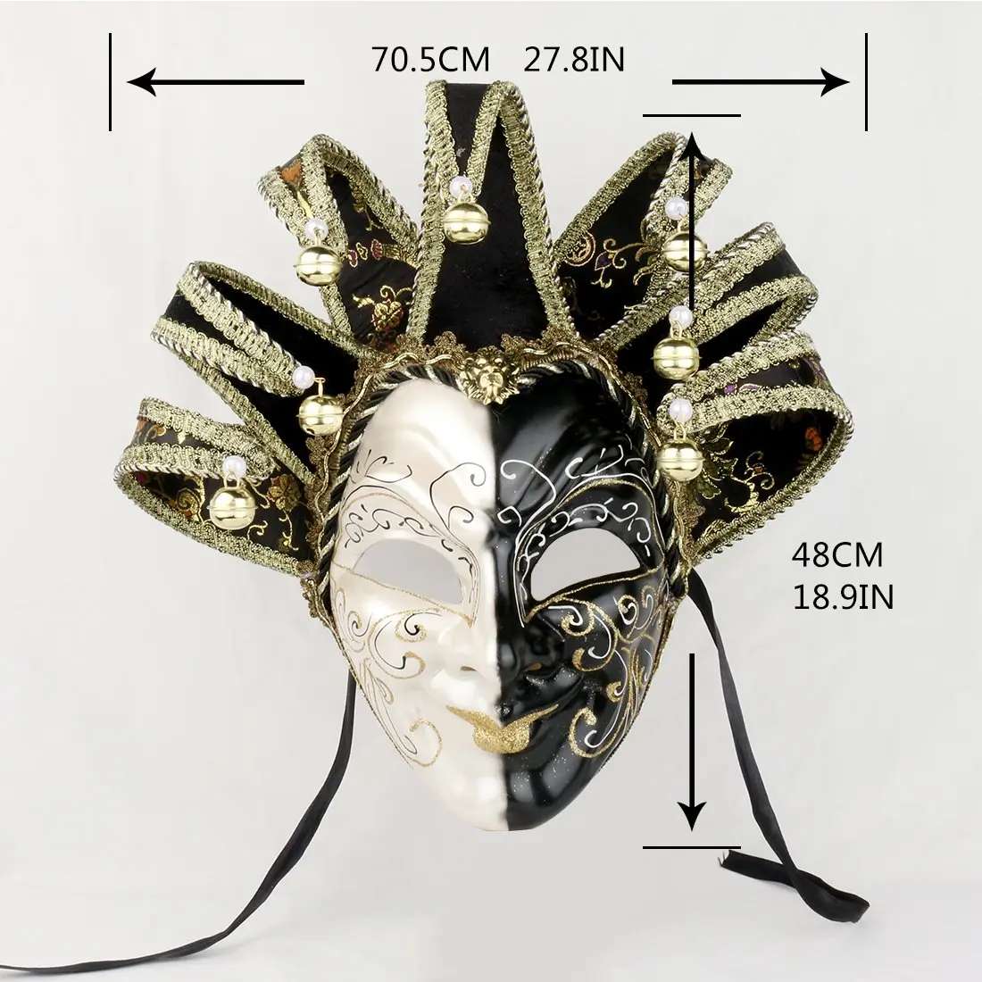 YU FENG Jester Mask Venetian Masquerade Mask, Black White Bell Costume | Full Face Carnival Mask, Hand Painted, 28.15x18.5in - view 3