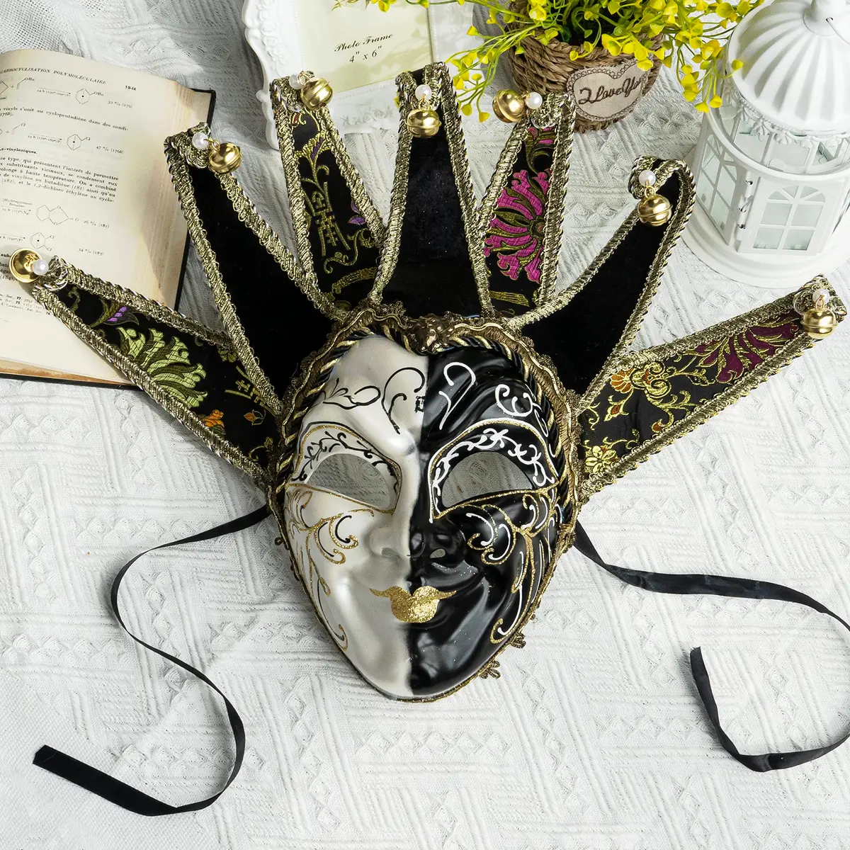 YU FENG Jester Mask Venetian Masquerade Mask, Black White Bell Costume | Full Face Carnival Mask, Hand Painted, 28.15x18.5in - view 4