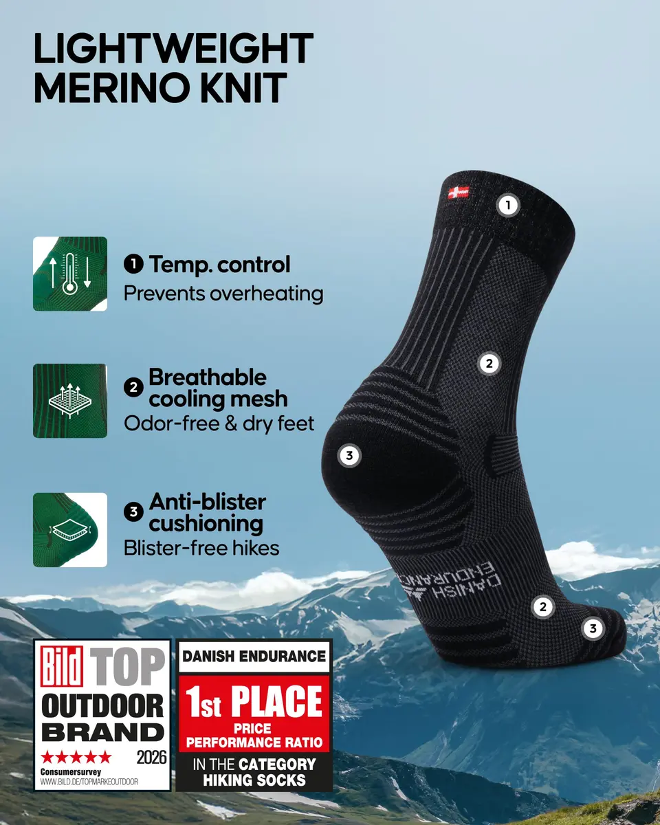 DANISH ENDURANCE Merino Wool Hiking Socks, Large | Breathable & Supportive for Summer Trails - view 2